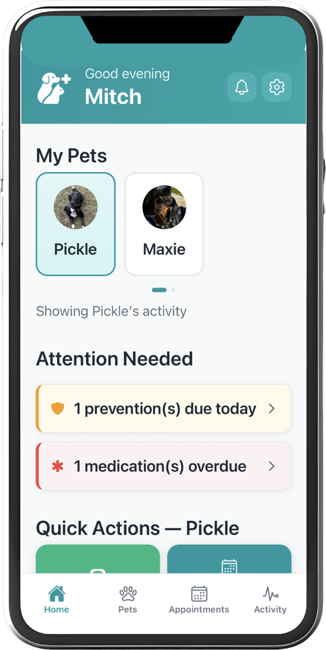 PetPlus home screen showing pets and attention-needed reminders